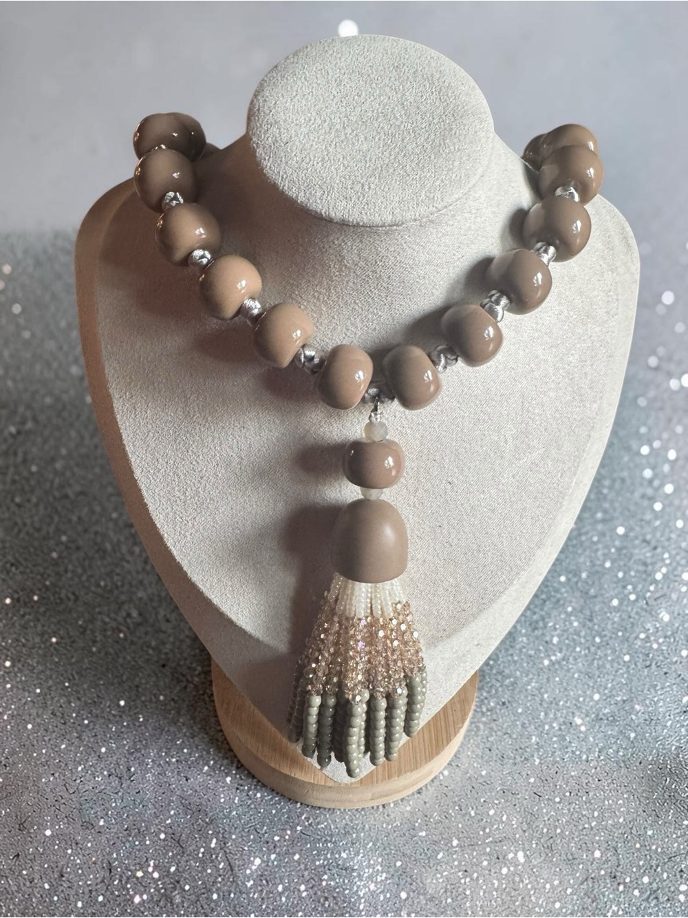 Taupe Beaded Tassel Statement Necklace